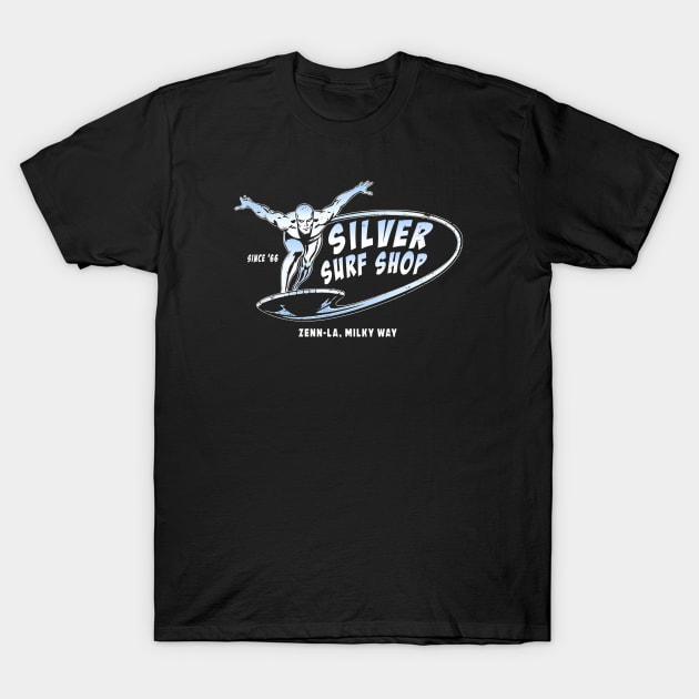 Silver Surf Shop (Black Print) T-Shirt by Nerdology